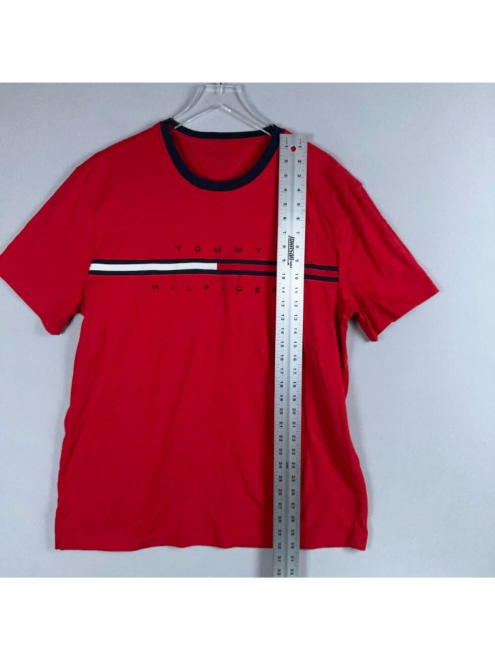 Tommy Hilfiger T-Shirt Size XL Red Crewneck 100% Cotton Stripe Logo Short Sleeve - Picture 10 of 15